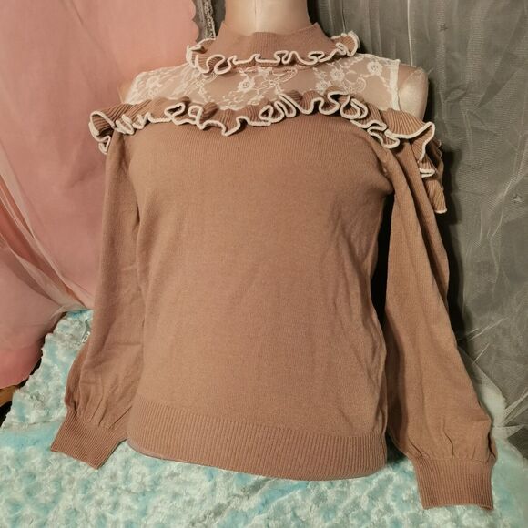 Ank Rouge Brown Sweater Women's Small Ruffle Turtleneck Harajuku Japan Jfashion - Picture 6 of 12